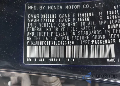 2018 Honda Civic Ex-T from USA, damaged, VIN JHMFC1F34JX023930